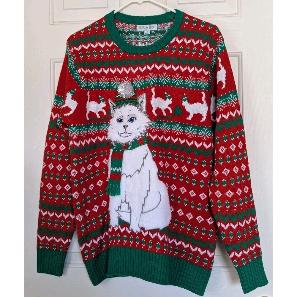 Holiday Hype CAT Ugly Christmas Sweater Mens Small Faux Fur Red Green Holiday